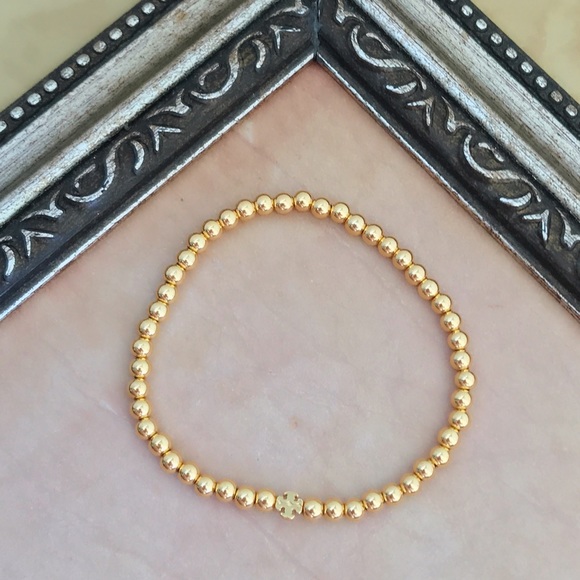 TORY BURCH • Gold Beaded Logo Stretch Bracelet - Picture 5 of 5